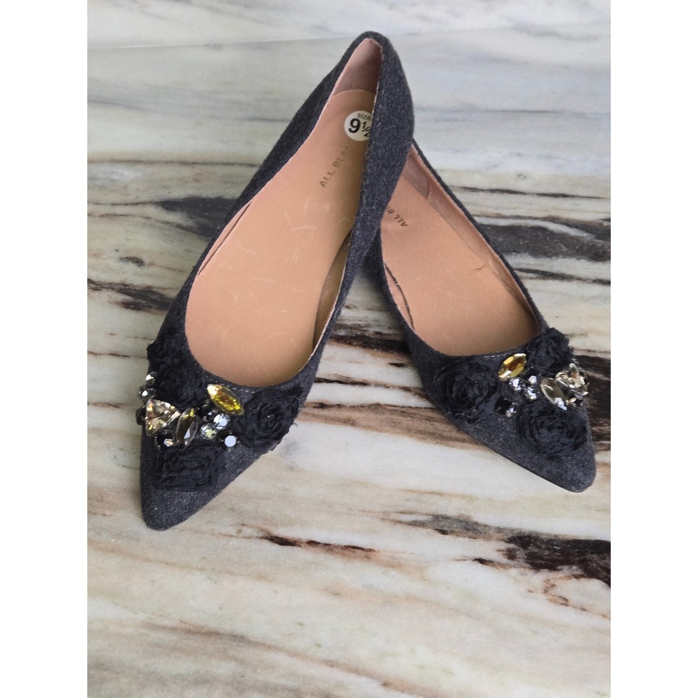 All Black Charcoal Grey Felt Pointed Toe Flats Floral Crystal Embellished 9.5